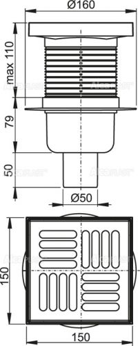 APV6411 Сливной трап 150 × 150/50, подводка – прямая, решетка – нержавеющая сталь, гидрозатвор – мокрый Alca Plast в Апшеронске