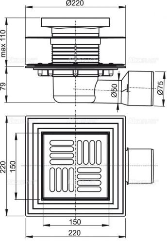 APV3444 Сливной трап 150 × 150/50/75, подводка – боковая, решетка – нержавеющая сталь, фланец –нерж сталь Alca Plast в Апшеронске